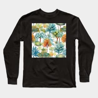 Pastel Oasis: A Serene Seamless Pattern of Trees and Plants in Soft Hues Long Sleeve T-Shirt